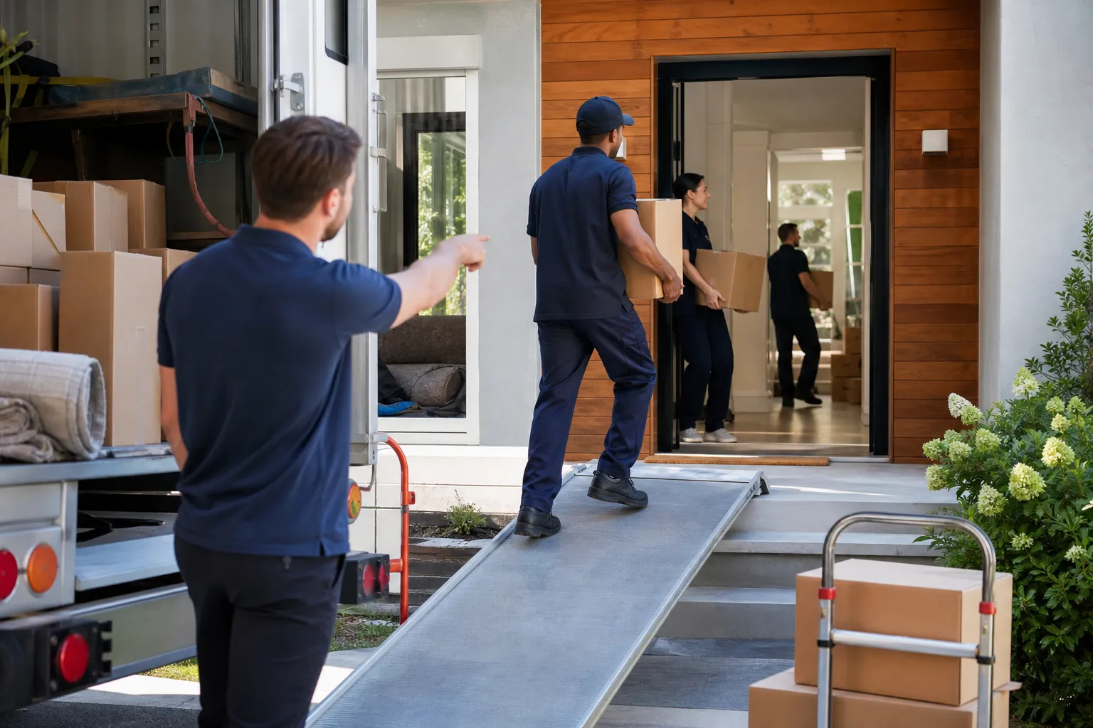 Moving crew places labelled boxes in assigned rooms during unloading