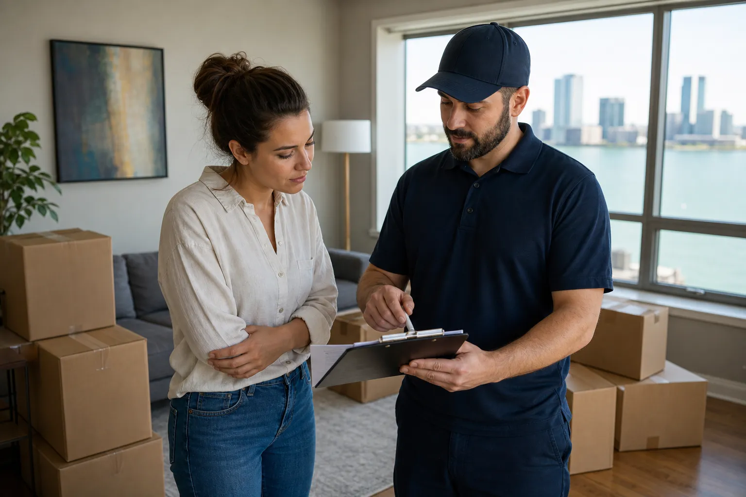 Customer reviews a flat-rate moving quote beside labelled boxes