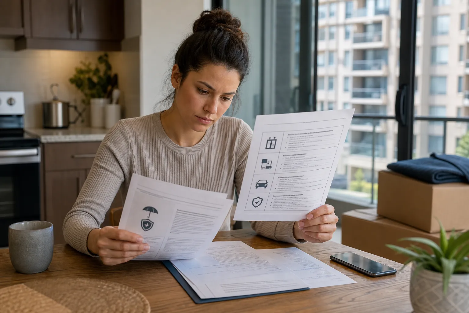 Resident reviews condo elevator booking and mover documents at a kitchen table
