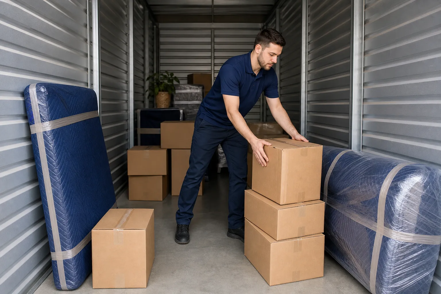 Mover arranging labelled boxes and protected furniture in a storage unit