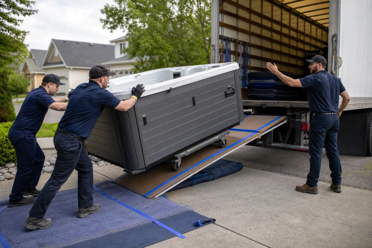Movers guiding a hot tub up a protected ramp toward a truck