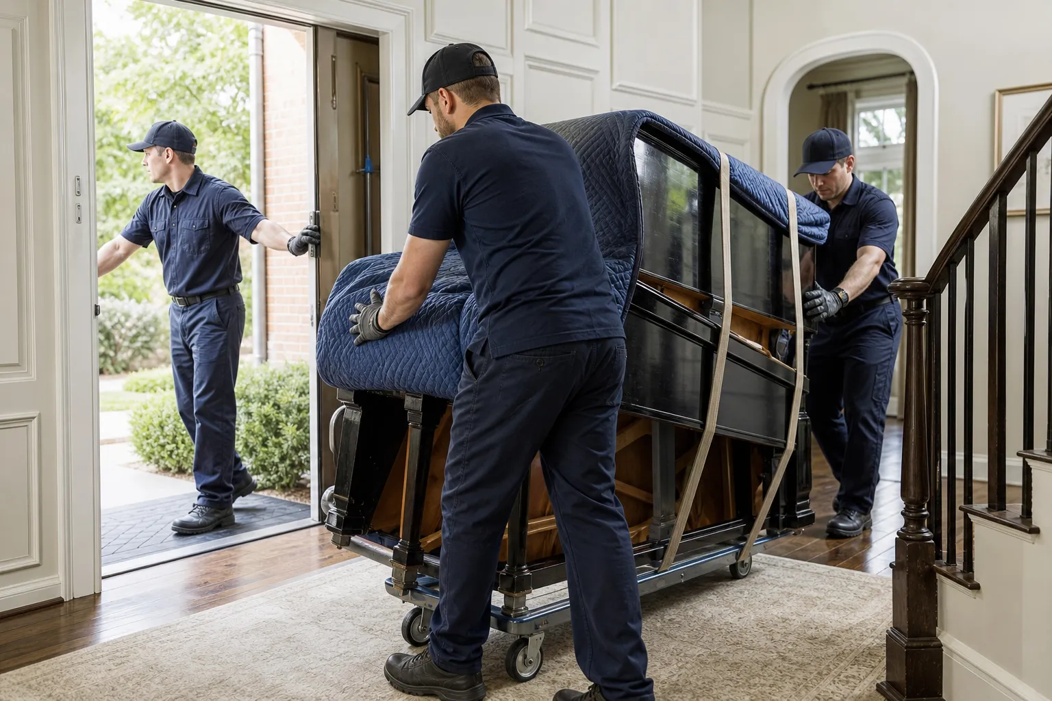 Movers protect and guide a piano through a residential doorway