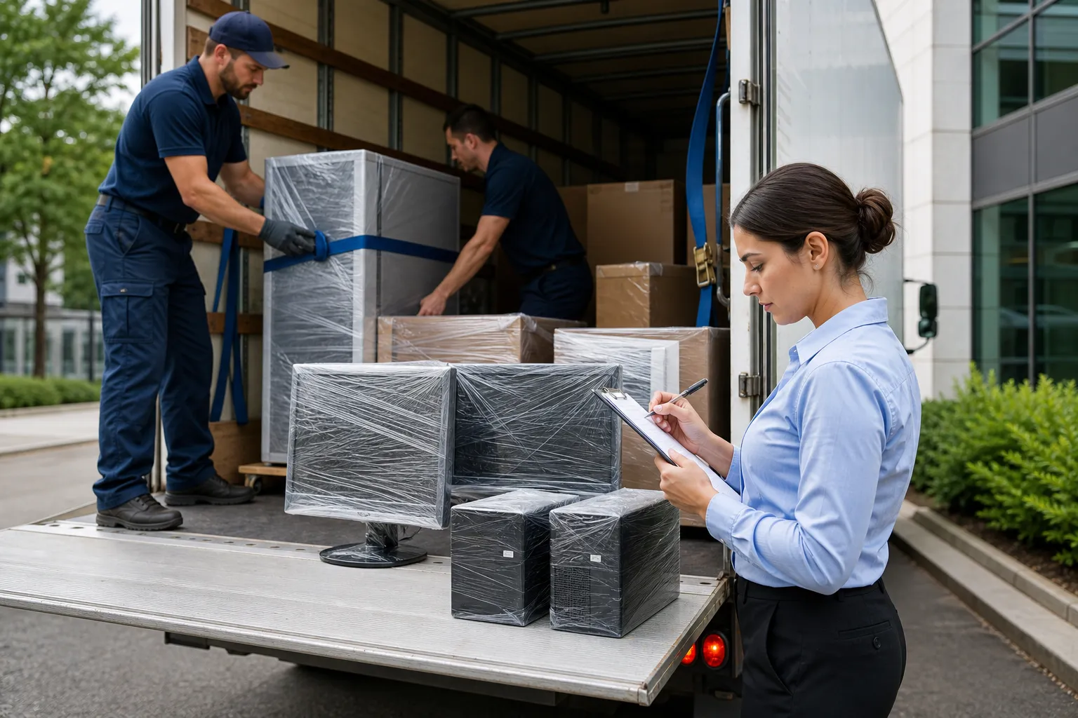 Commercial movers securing wrapped computers and monitors while an office coordinator checks destination labels