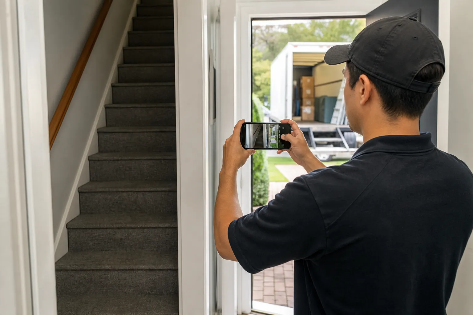 Mover documenting stairs, hallway, entrance, and driveway for a moving assessment