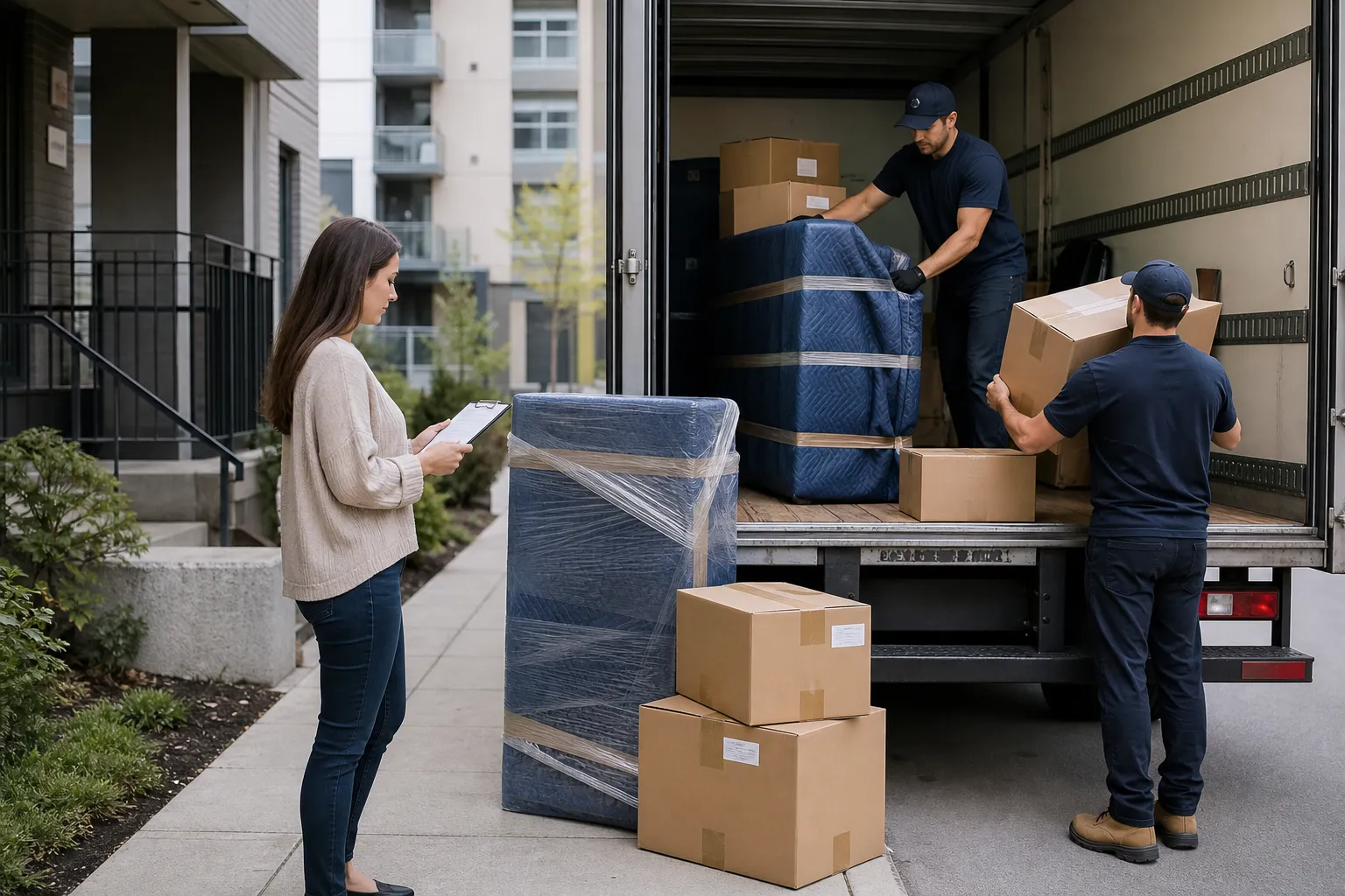 Movers loading protected furniture and labelled boxes at an apartment building loading area