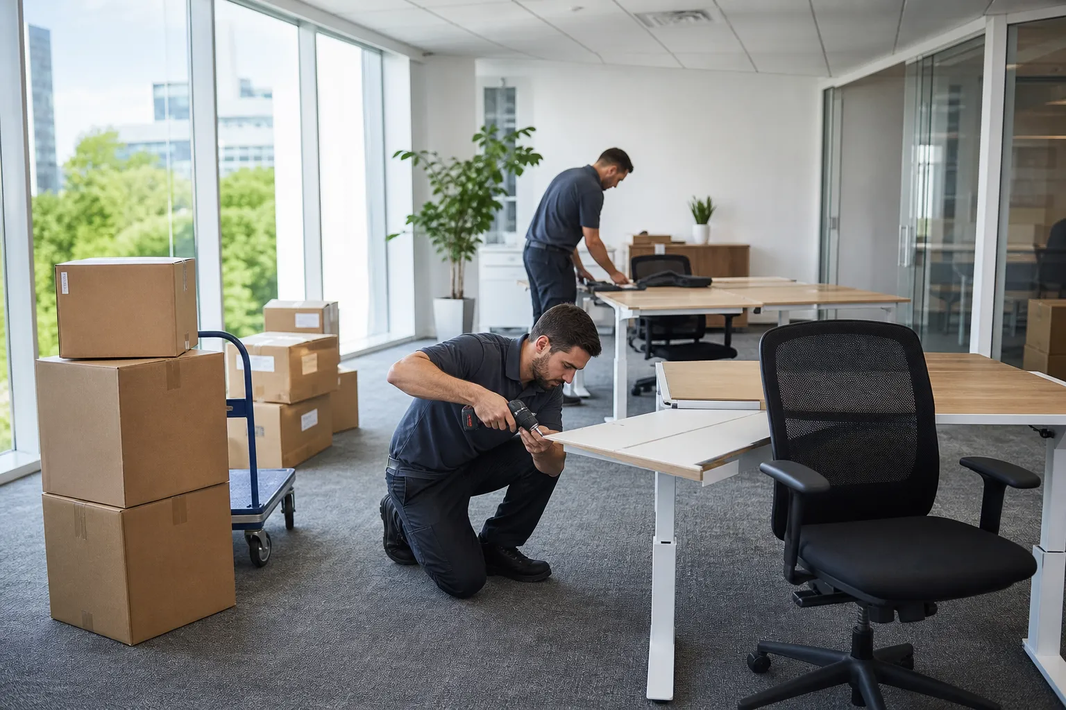 Movers assemble desks and arrange chairs in a newly relocated office
