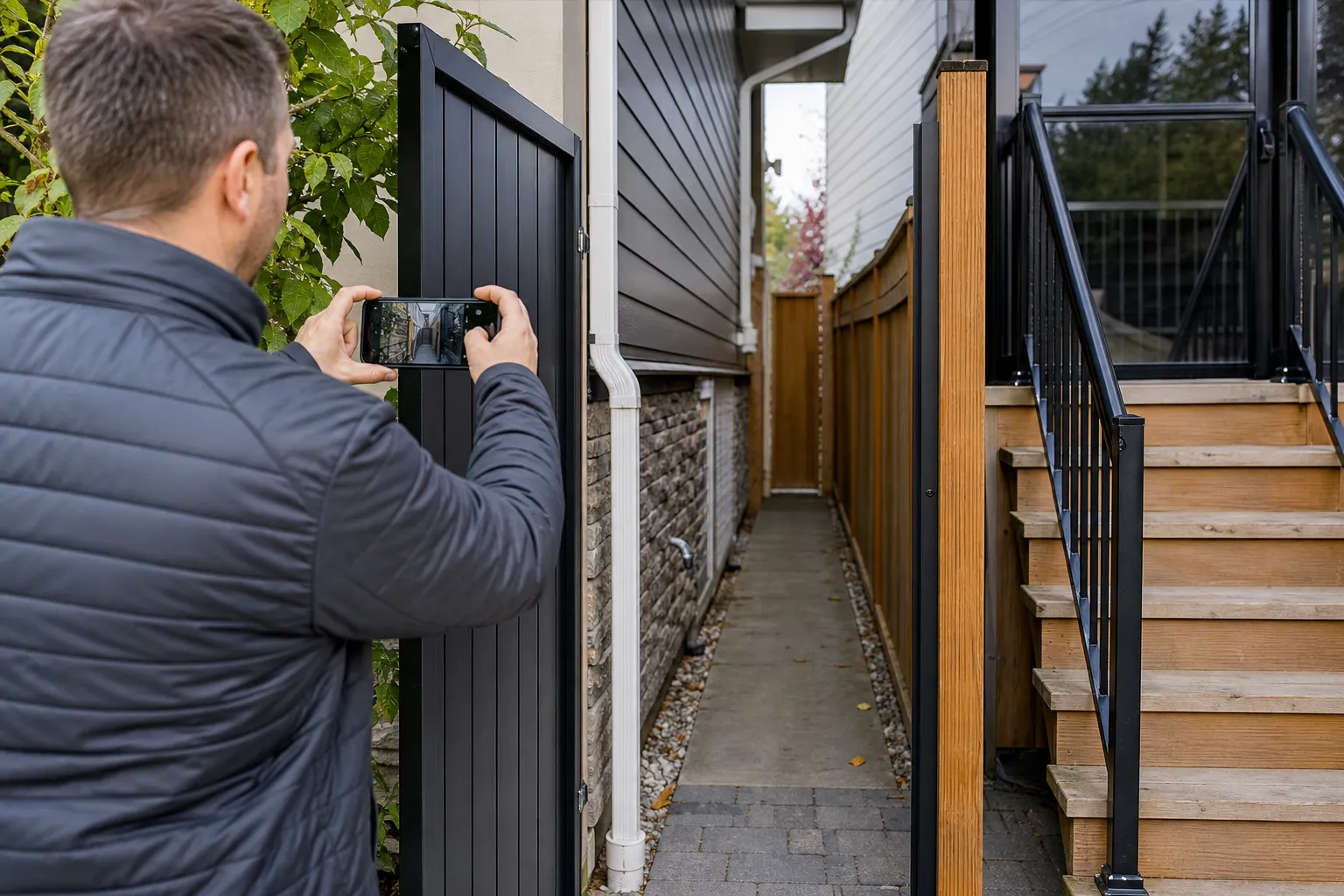Homeowner photographs a gated side passage and stairs for hot tub access
