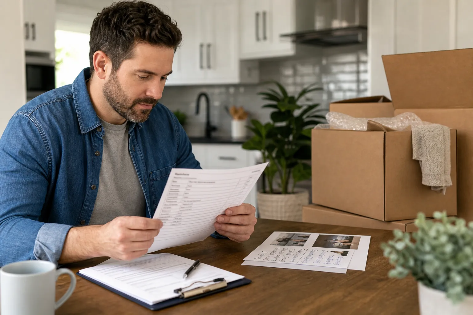 Homeowner reviewing a detailed moving quote beside labelled boxes and access notes