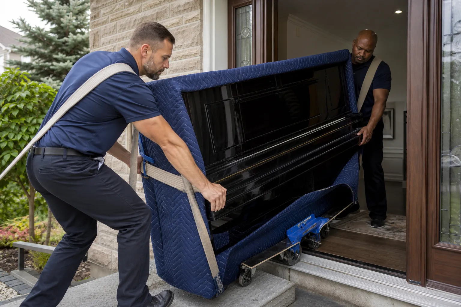 Movers guiding a padded piano through a residential doorway