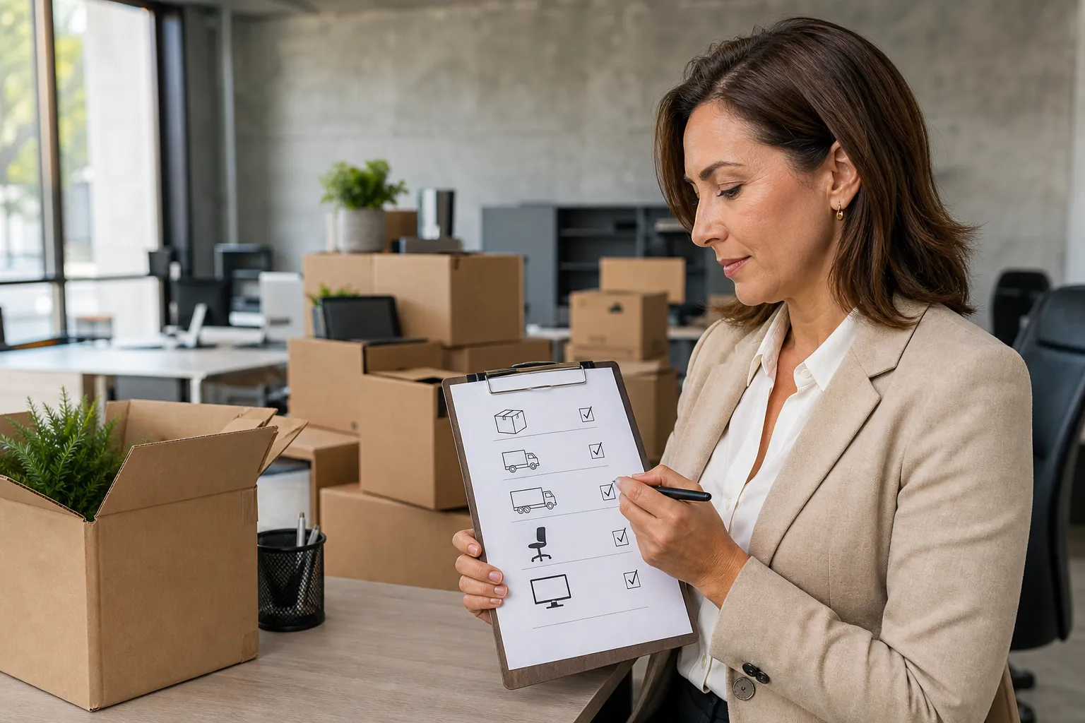 Office manager reviews a commercial relocation checklist beside labelled moving boxes