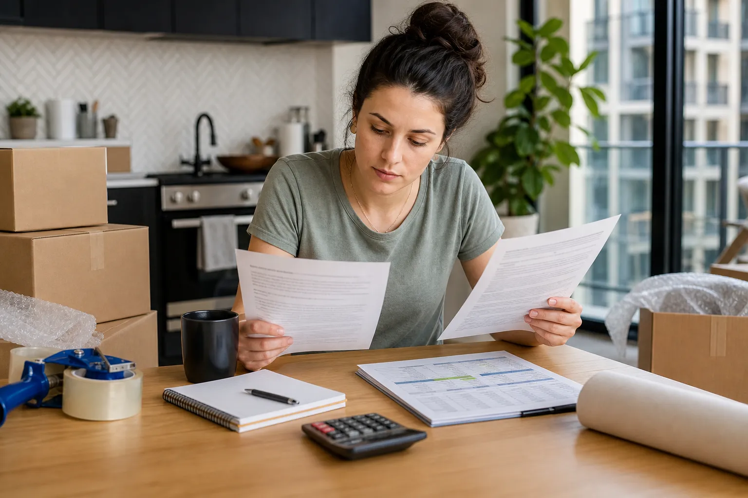 Renter reviewing lease documents and a moving budget beside packing supplies