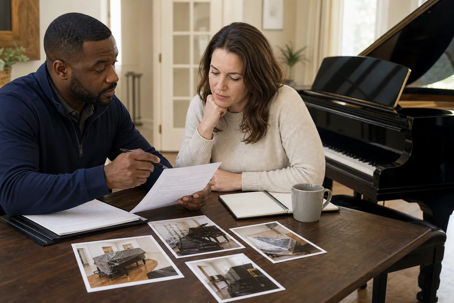 Homeowner reviewing piano moving quote and coverage questions