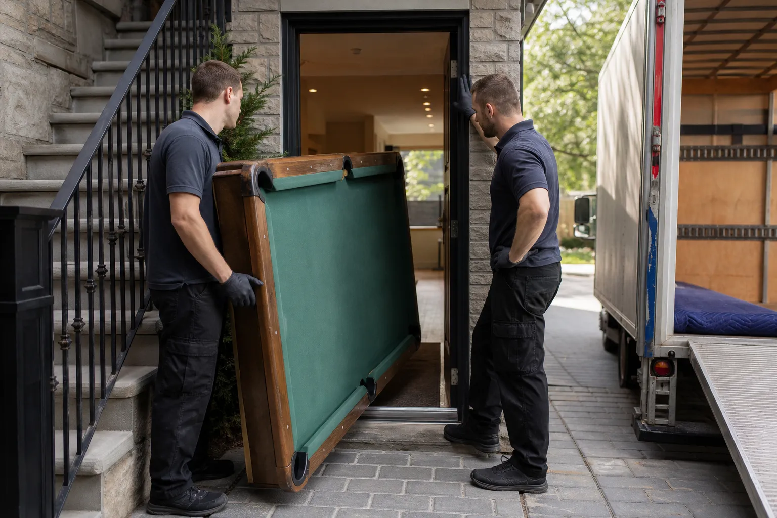 Movers planning a pool table route beside stairs and a narrow doorway