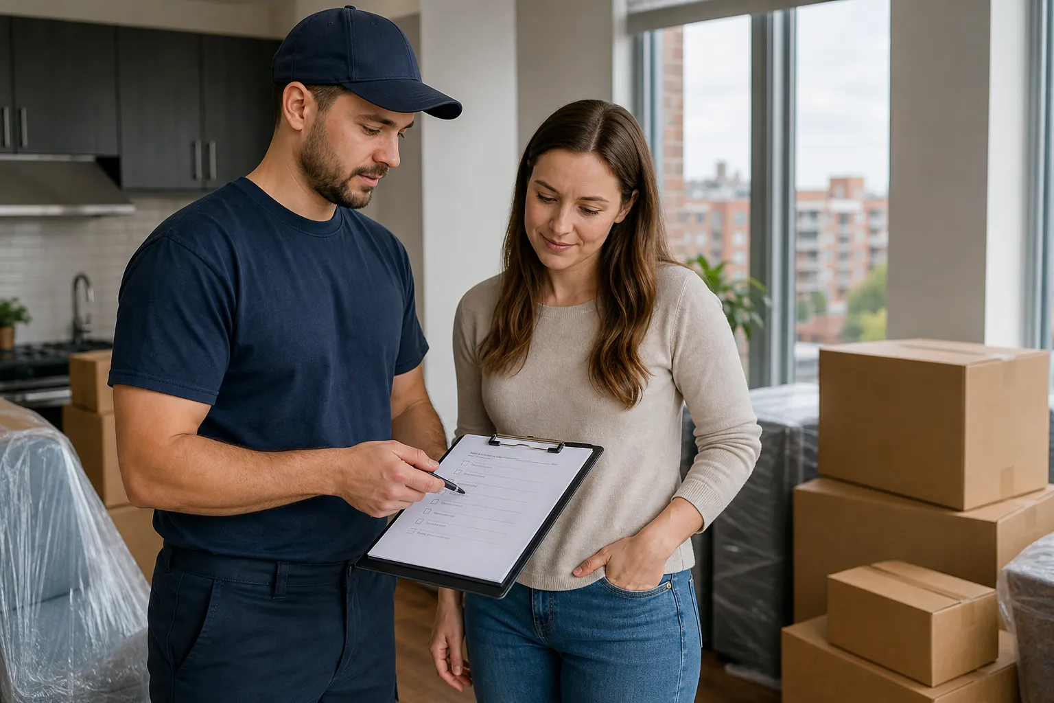 Mover reviewing a local moving quote checklist with a homeowner