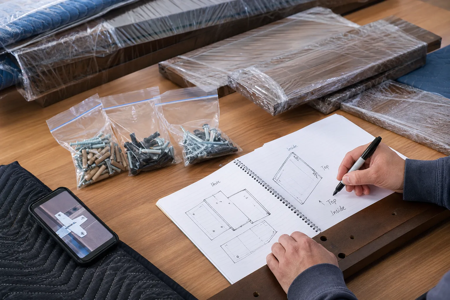 Labelled hardware bags and furniture disassembly notes beside wrapped panels