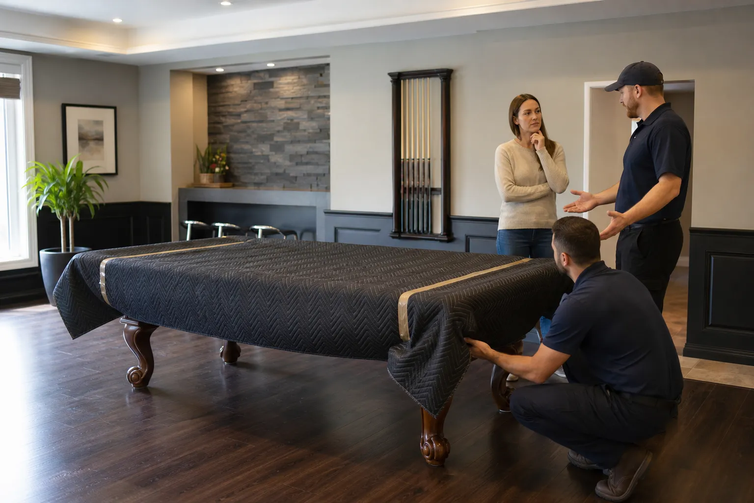 Movers positioning a protected pool table in a destination room