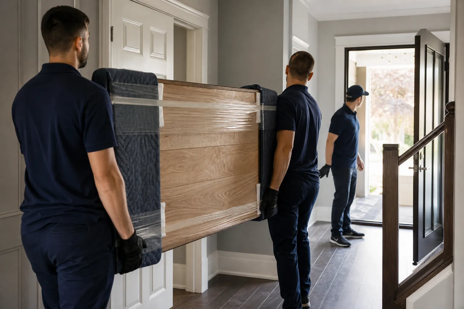 Movers carrying a protected labelled furniture panel through a Windsor hallway