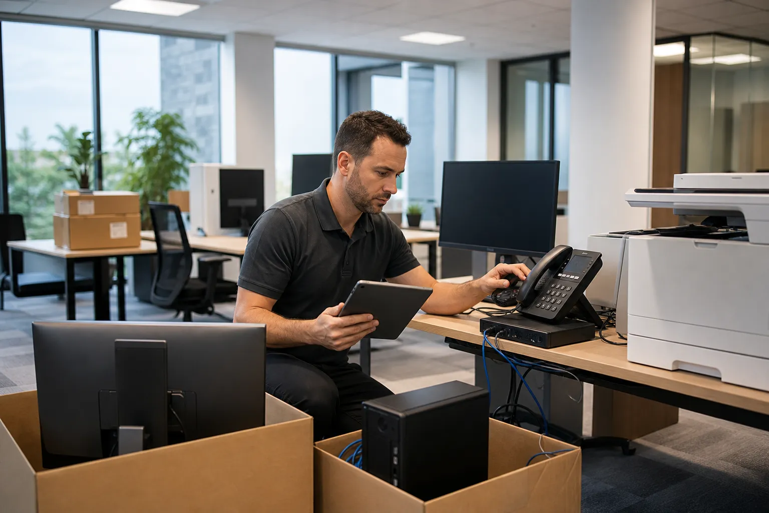 IT provider testing phones, printers, and workstations in a newly arranged office