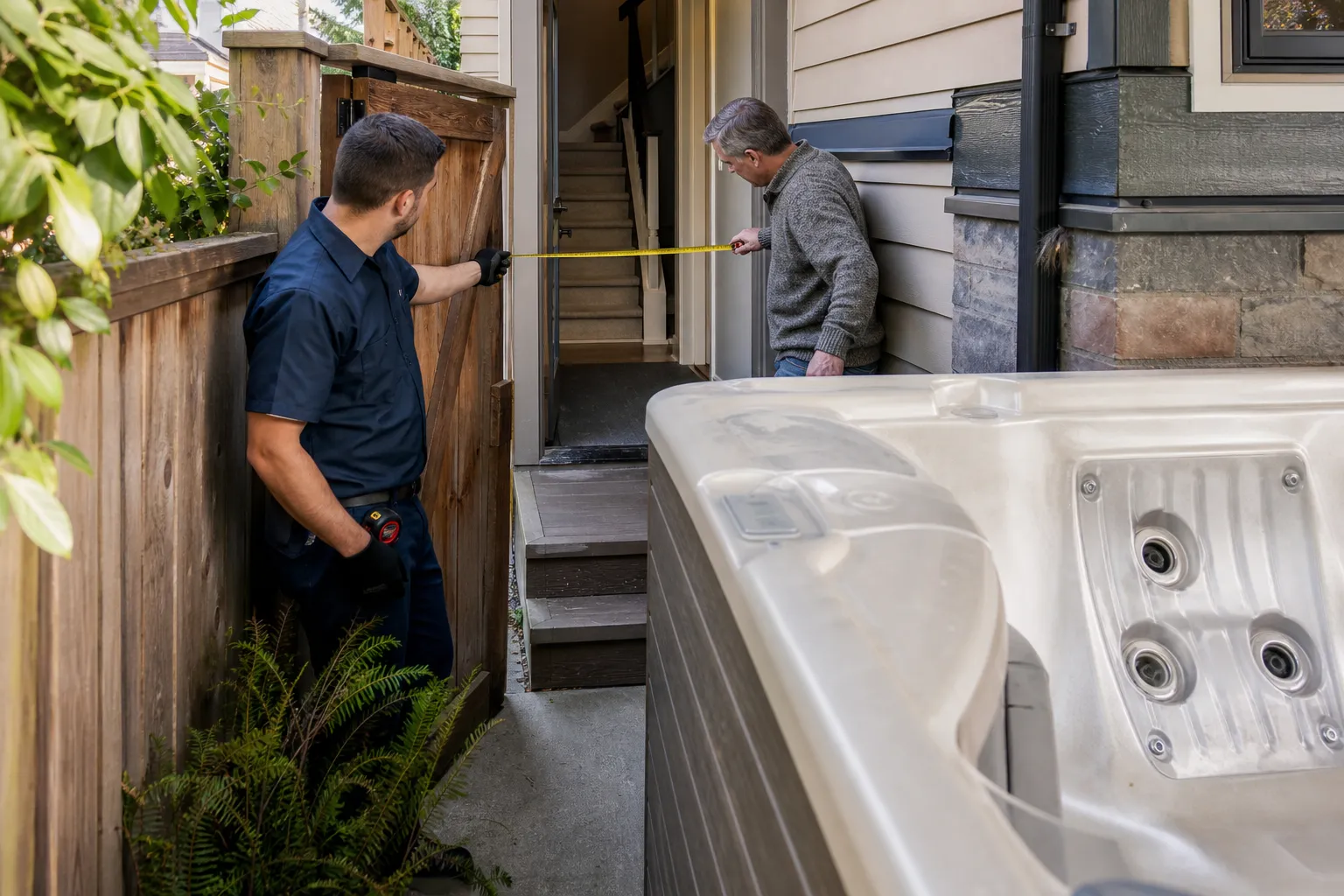 Homeowner and mover measuring a hot tub route through a gate and doorway