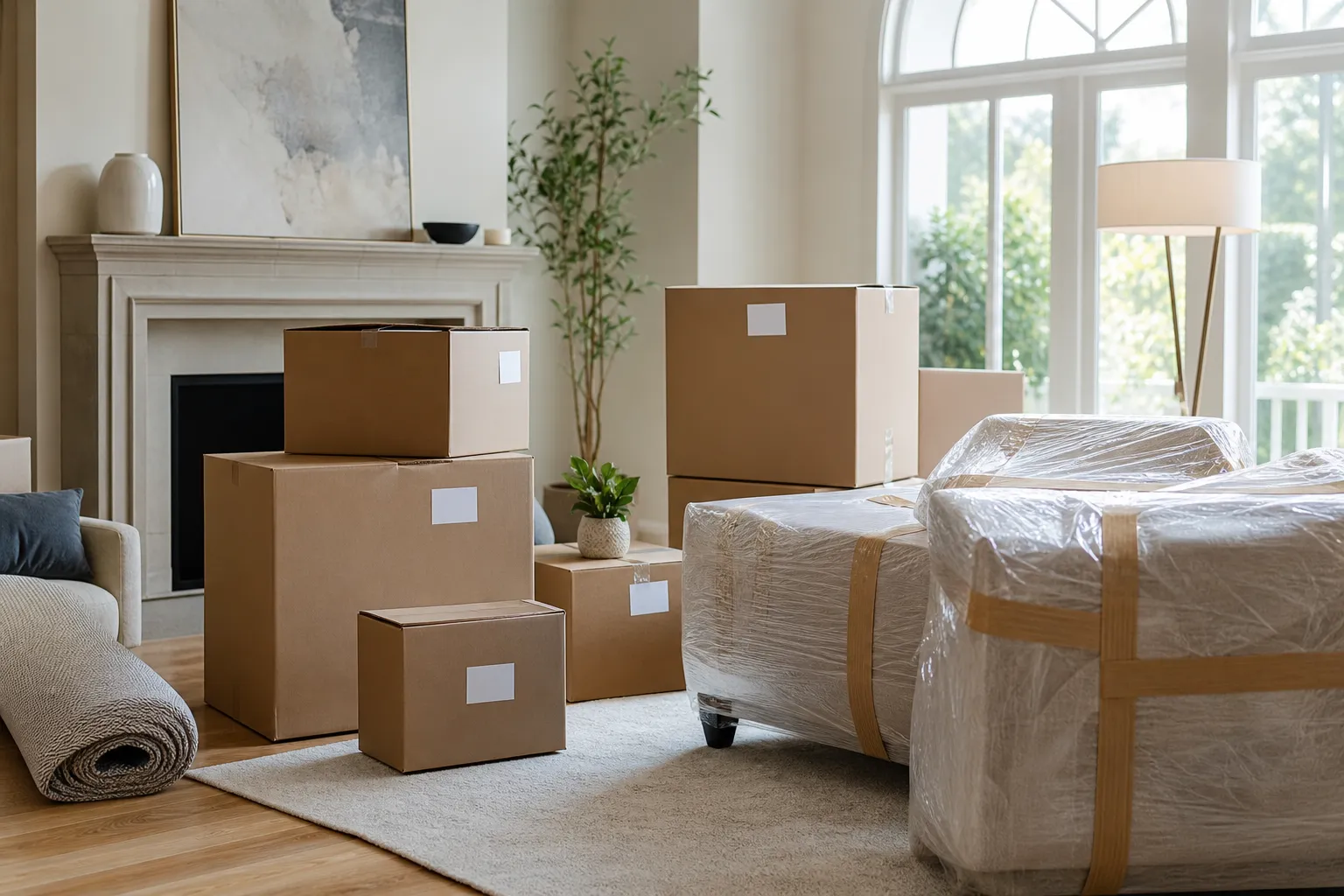 Labelled moving boxes and wrapped furniture arranged in a Windsor living room