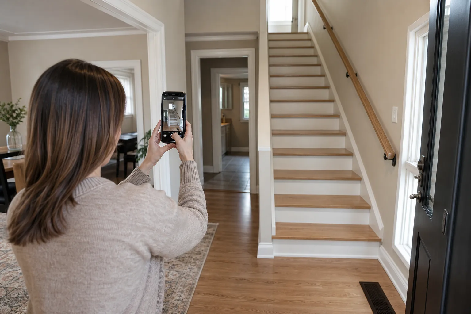 Homeowner documenting a narrow staircase and doorway for piano movers