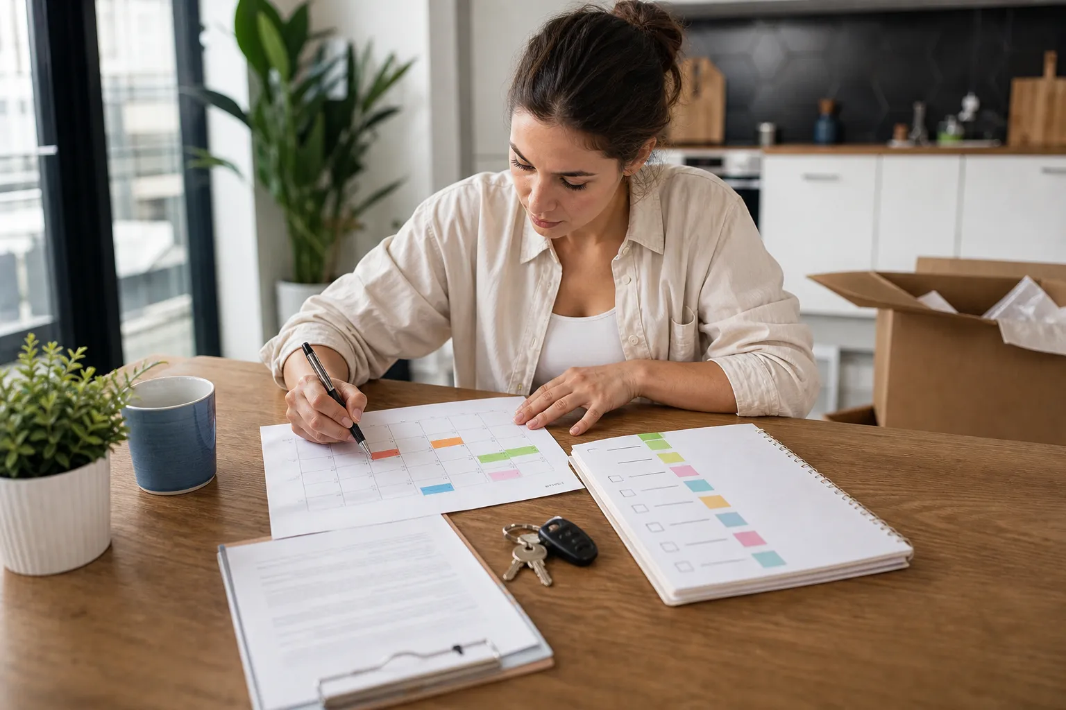 Renter reviewing an apartment moving timeline with a lease, calendar, checklist, and keys
