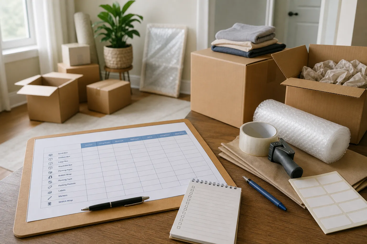 Room-by-room moving inventory beside cartons, cushioning, tape, and labels
