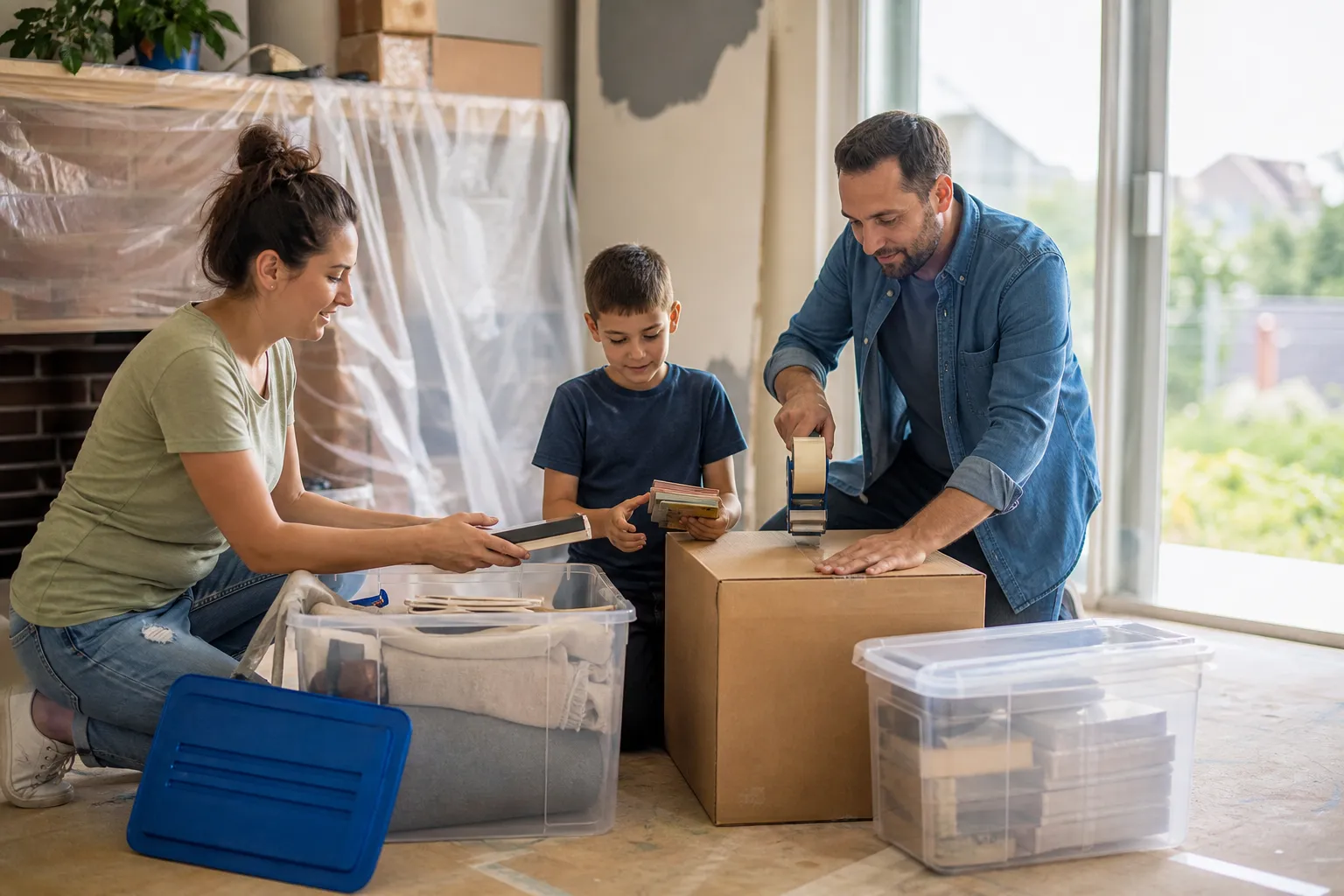 Family sorting essential belongings from sealed storage boxes during a home renovation