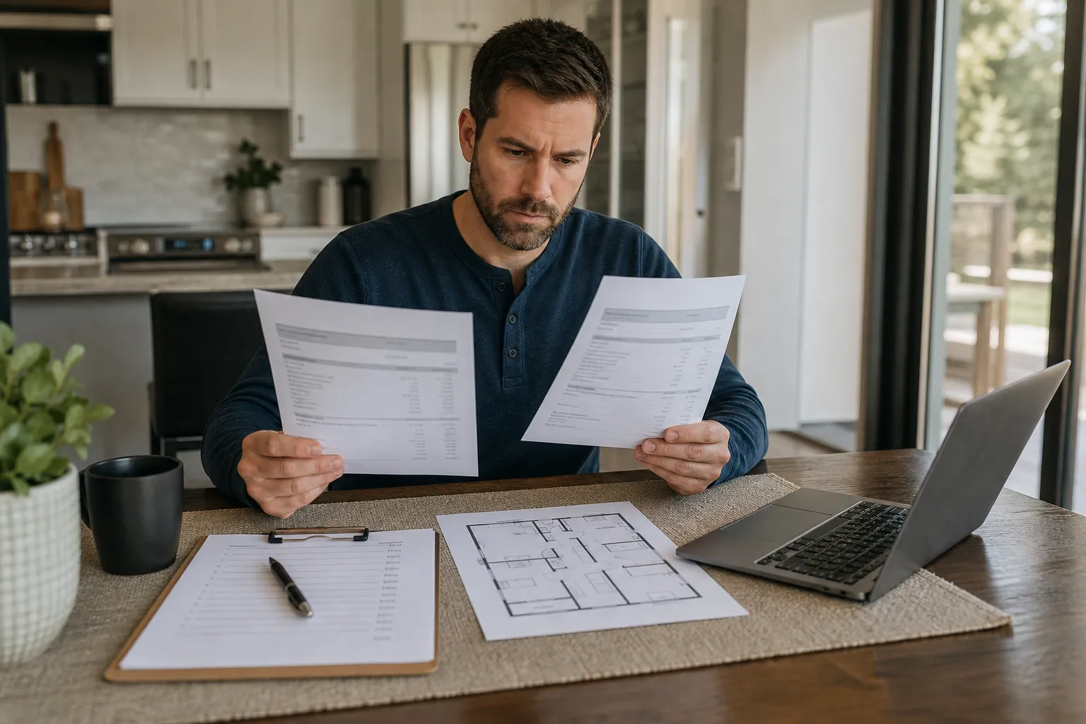 Homeowner comparing moving quotes beside an inventory checklist
