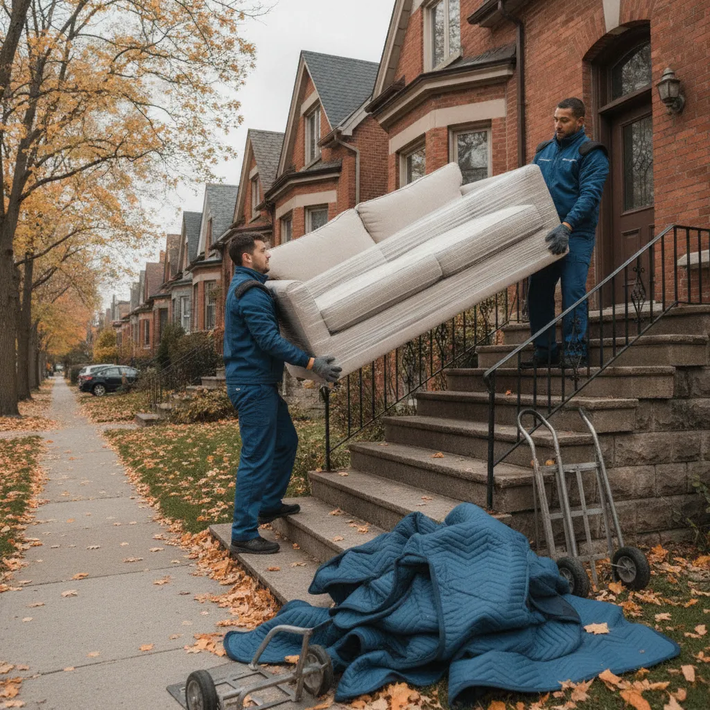 Two movers carrying a sofa up townhouse steps in LaSalle with dollies and moving blankets staged nearby
