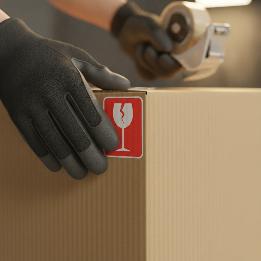 Close-up of mover applying color-coded sticker and fragile symbol to box for how to label boxes for moving