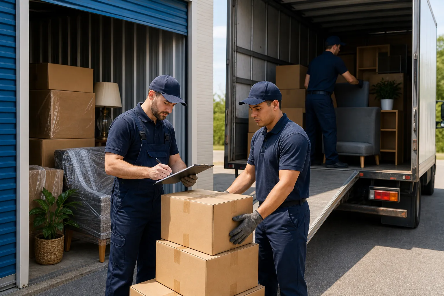 Movers check labelled belongings during a storage transfer before loading a truck