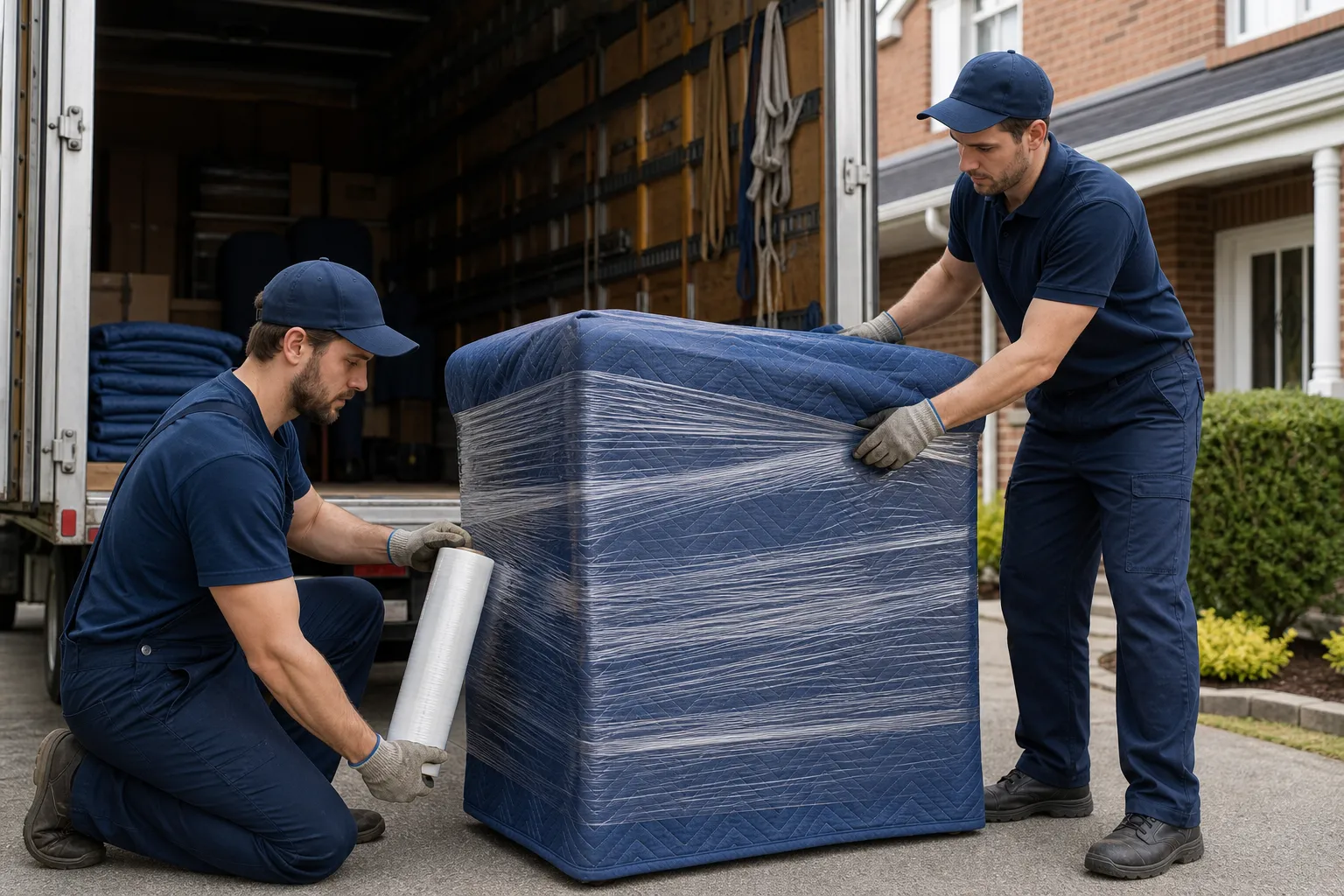 Professional movers wrapping a large household item beside a moving truck