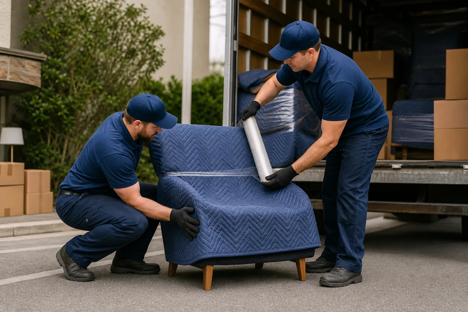 Movers wrapping furniture with protective blankets before temporary storage