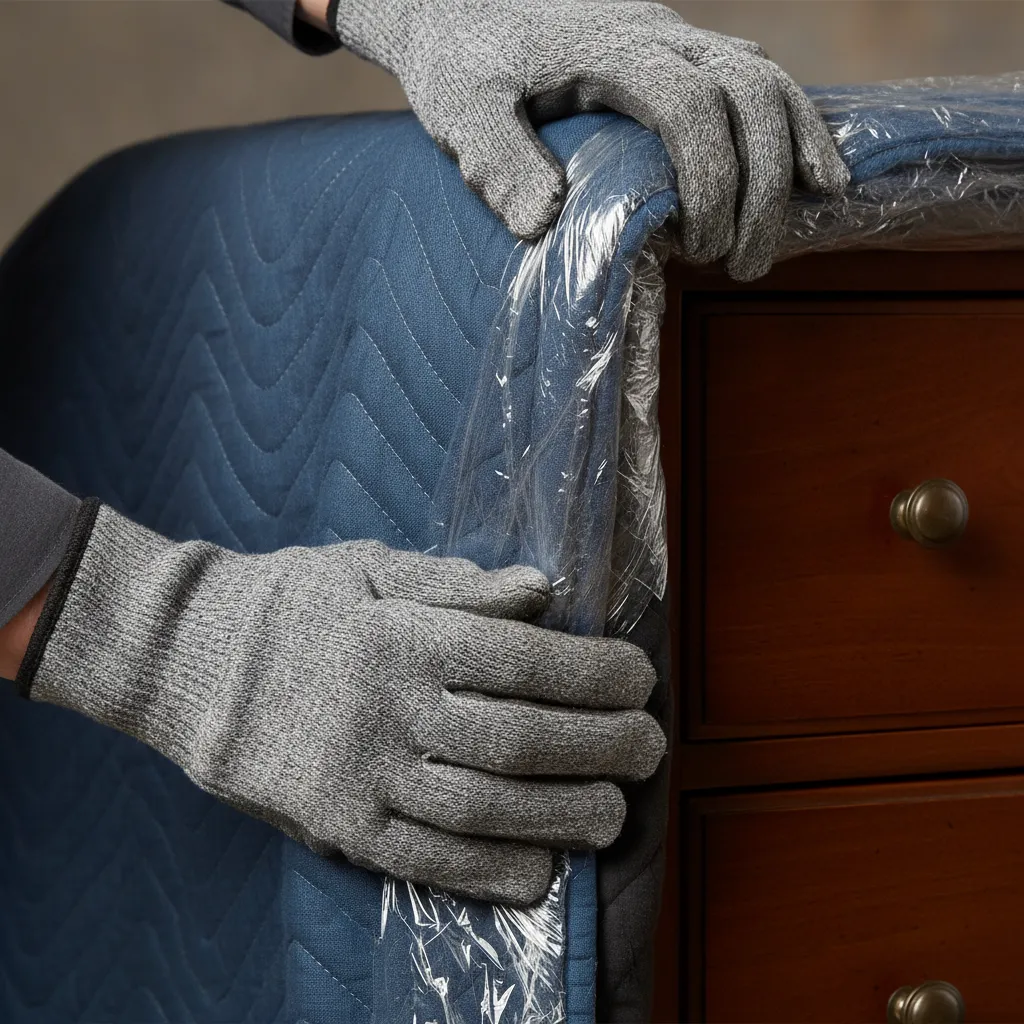 Close-up of professional mover protecting furniture with blankets and wrap during a Kingsville move