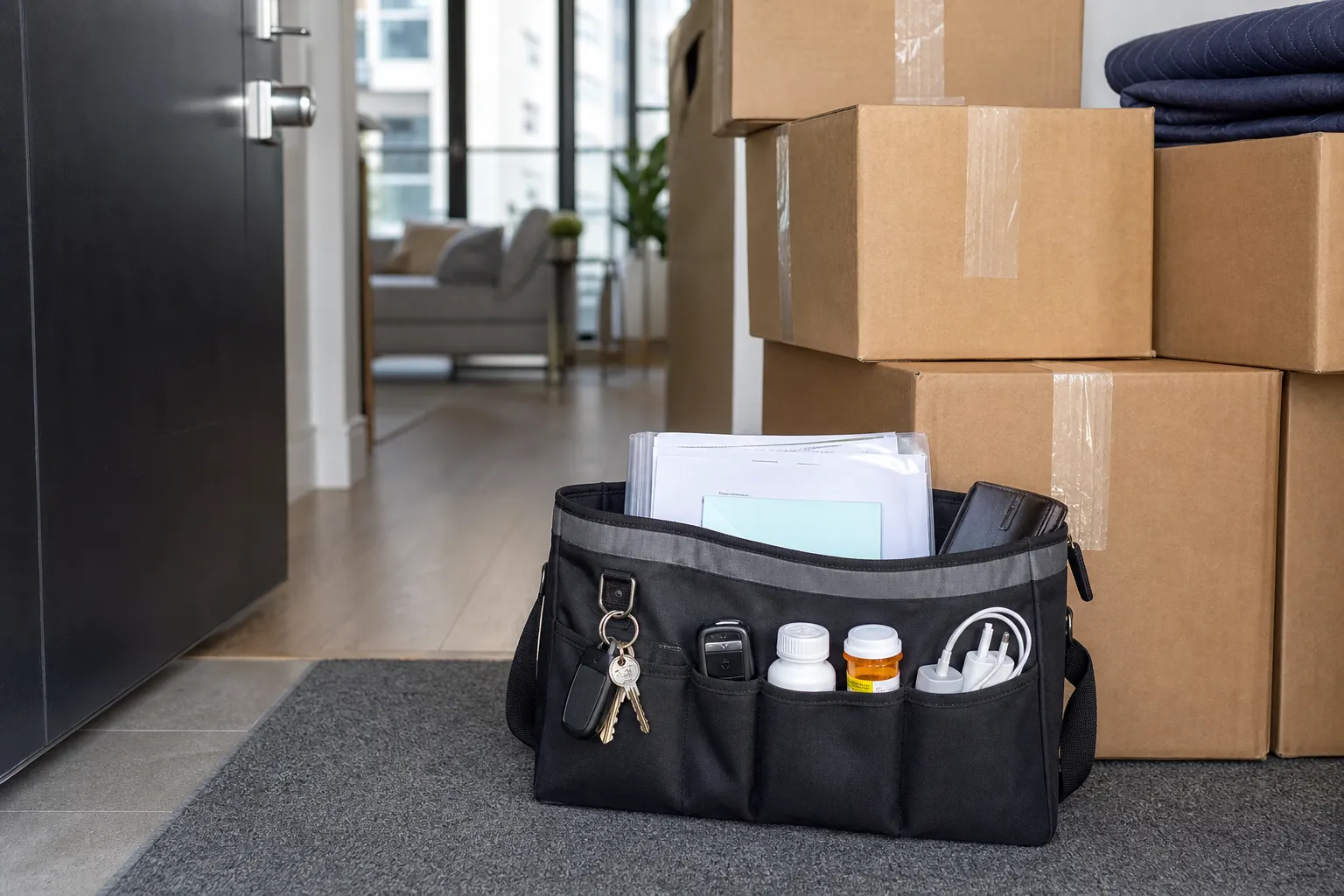 Essentials bag with keys, fobs, medication, and moving documents beside labelled boxes