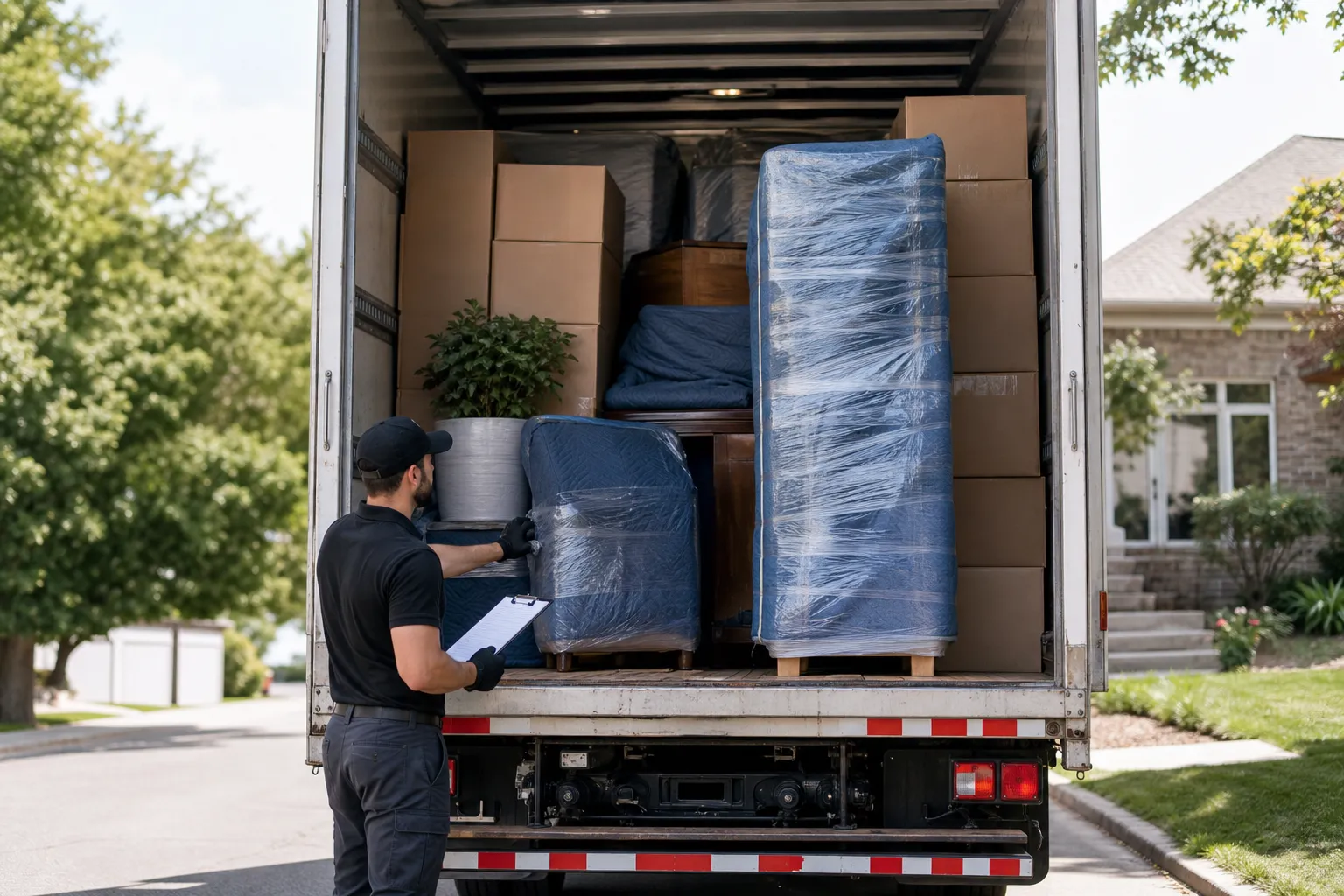 Crew member checks labelled boxes and wrapped furniture in a moving truck