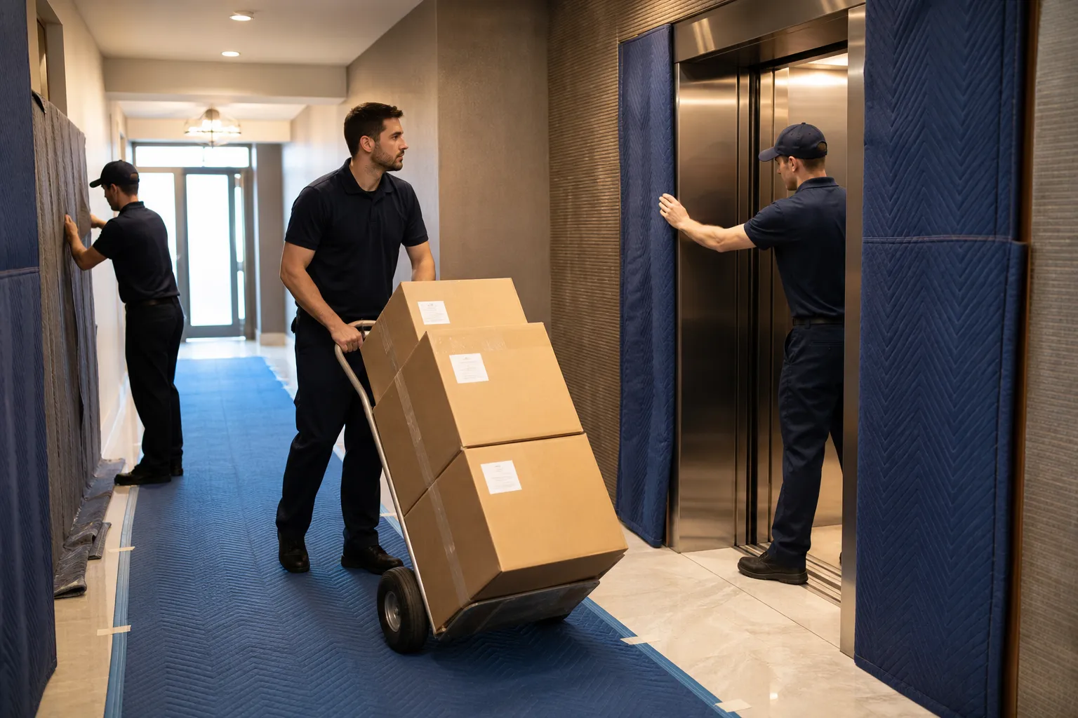 Moving crew protecting an apartment hallway while transporting labelled boxes to an elevator