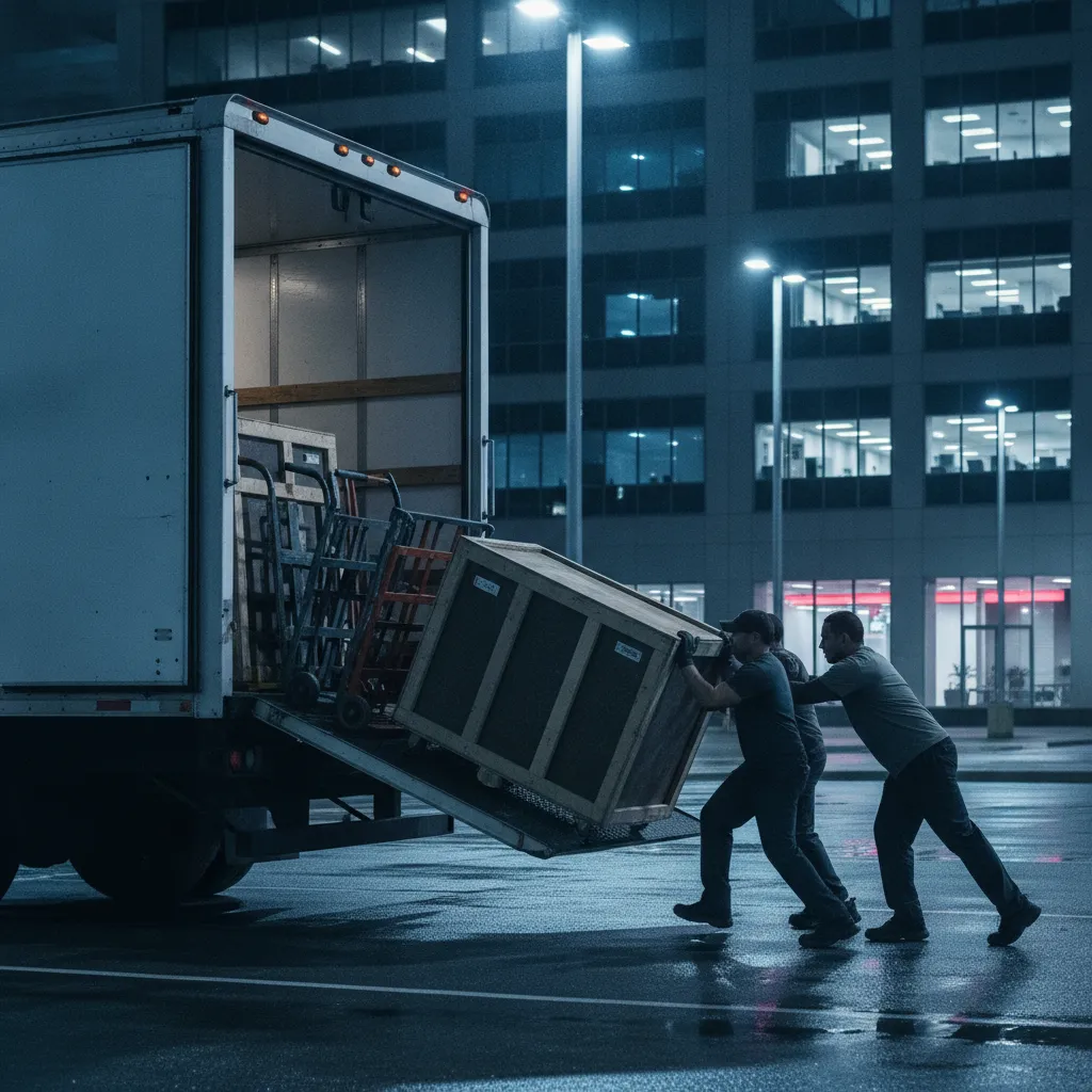 After-hours loading dock scene with liftgate moving office crates into a truck