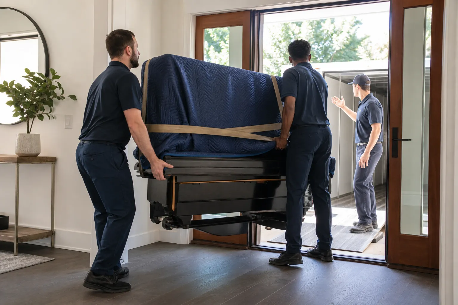 Movers carefully carrying a piano through a Windsor home doorway