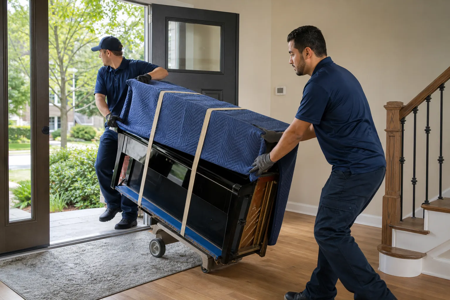 Movers guiding a protected piano through a doorway into a new home