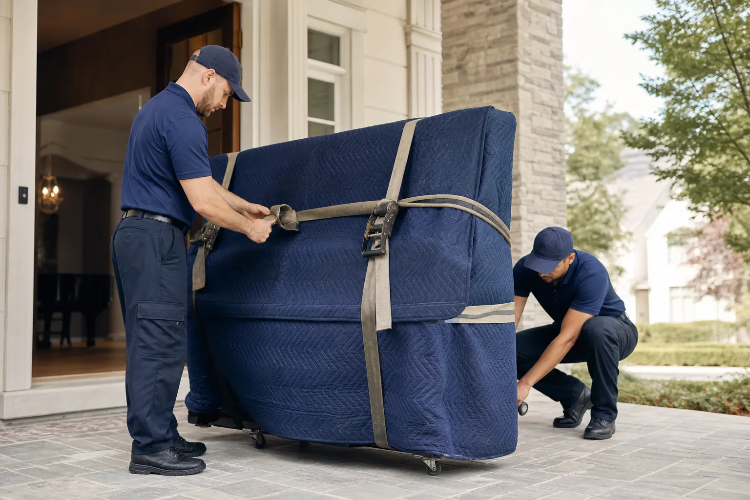 Movers securing a padded piano at a Windsor home entrance