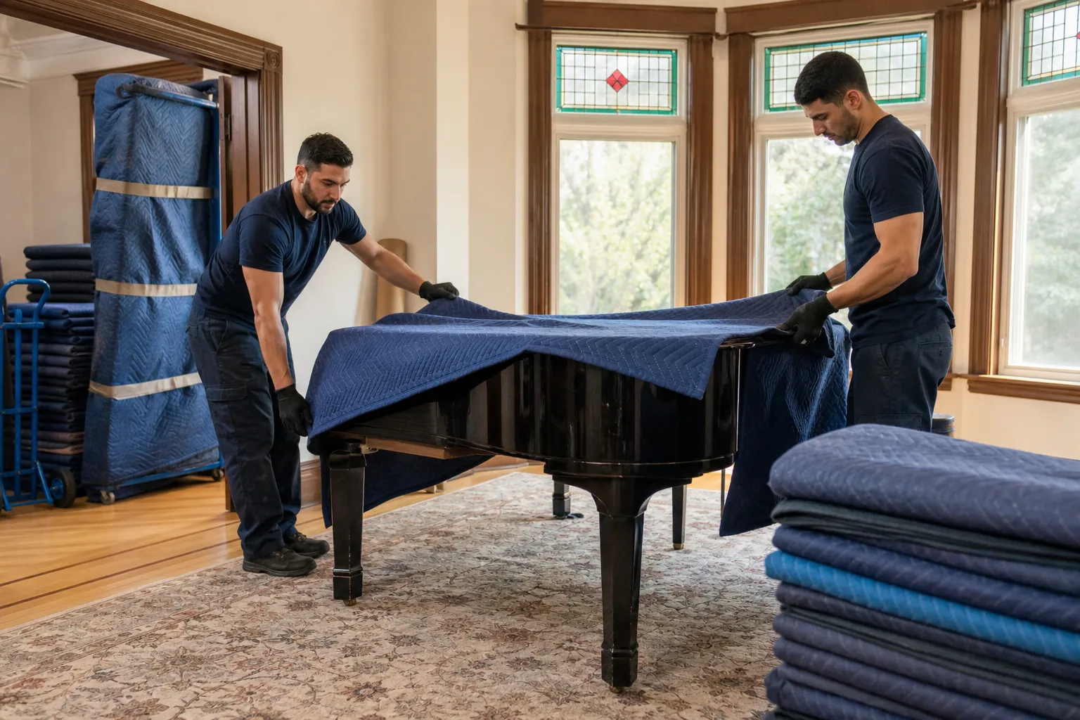 Movers preparing a piano with protective blankets and equipment in a Windsor home