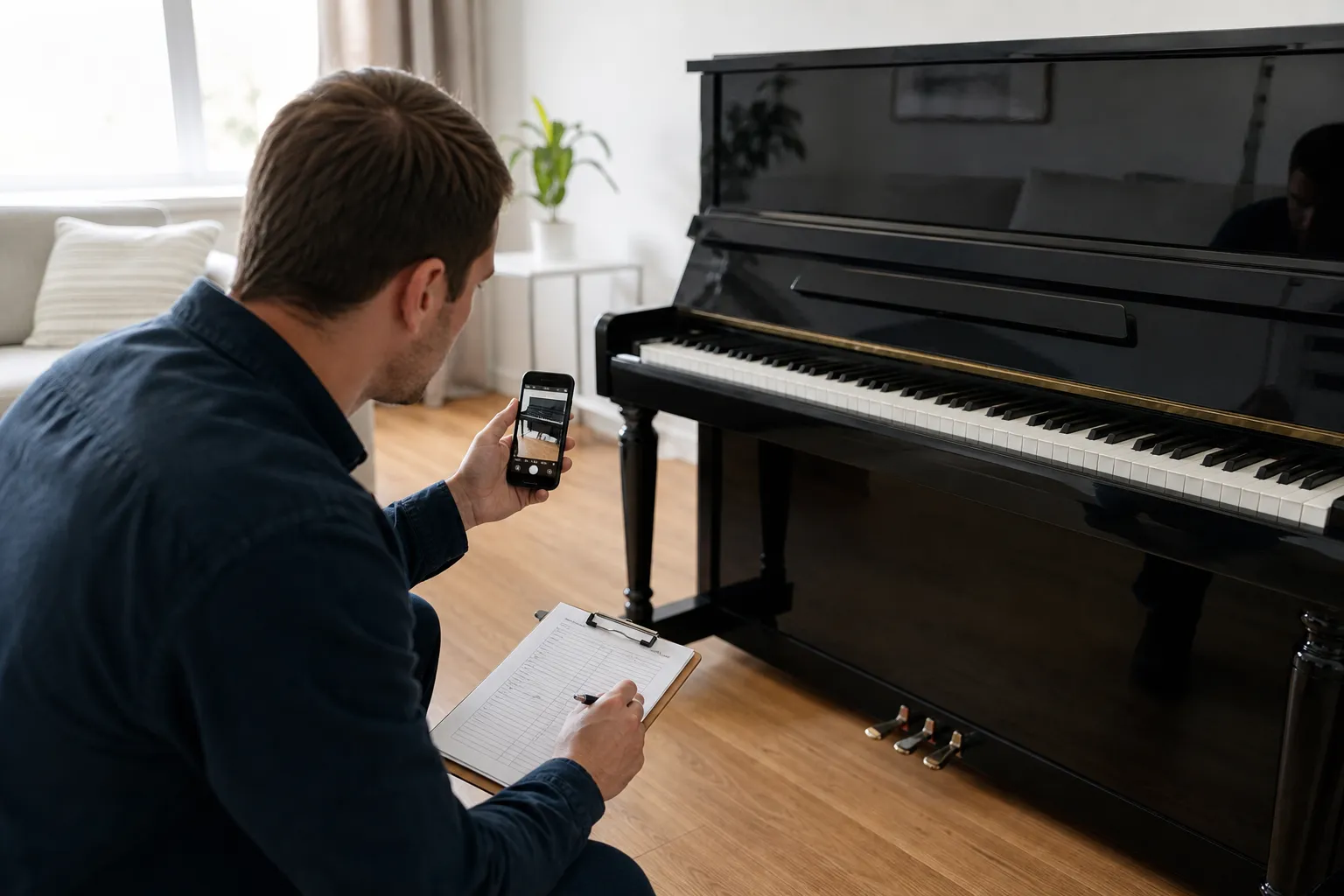 Homeowner documenting piano condition with a phone before moving