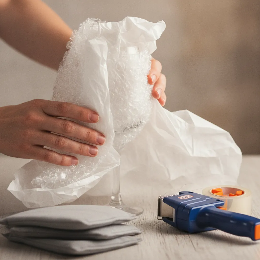 Close-up of packing a wine glass using paper and bubble wrap with a tape gun and foam pouches, demonstrating packing materials for moving best practices