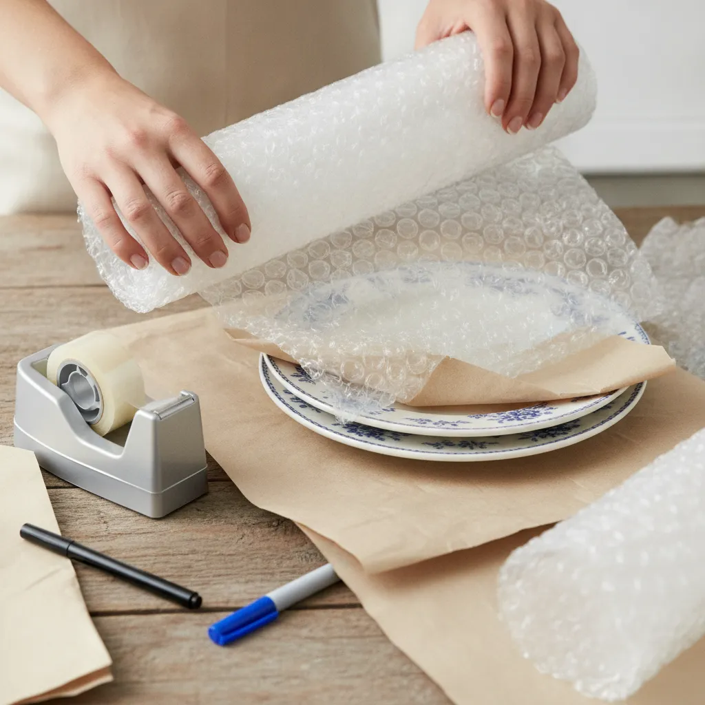 Close-up packing detail: wrapping fragile plates with bubble wrap to avoid hidden moving fees and damage during a Roseland move