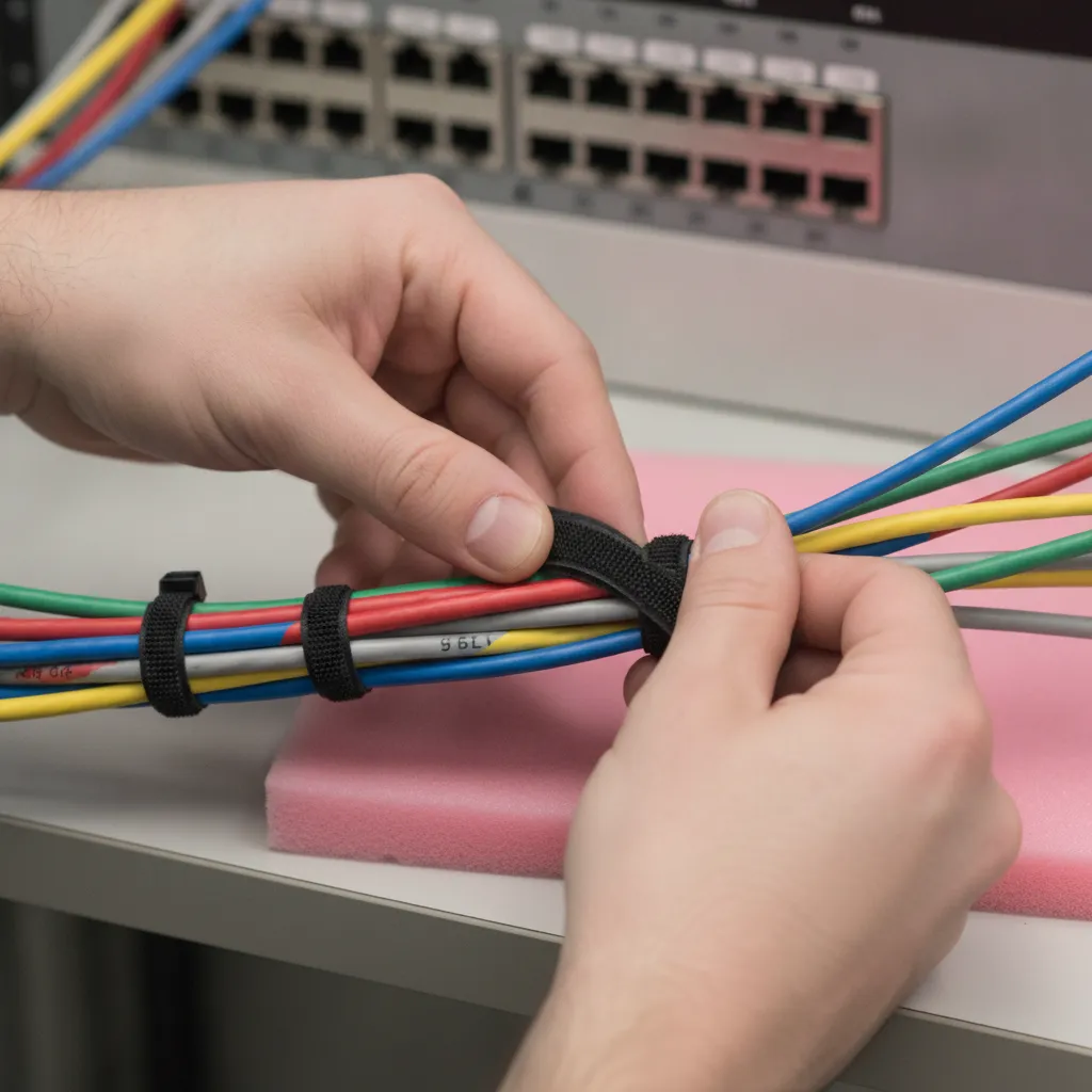 Color-coded IT cables bundled for a tested cutover in a Windsor office move