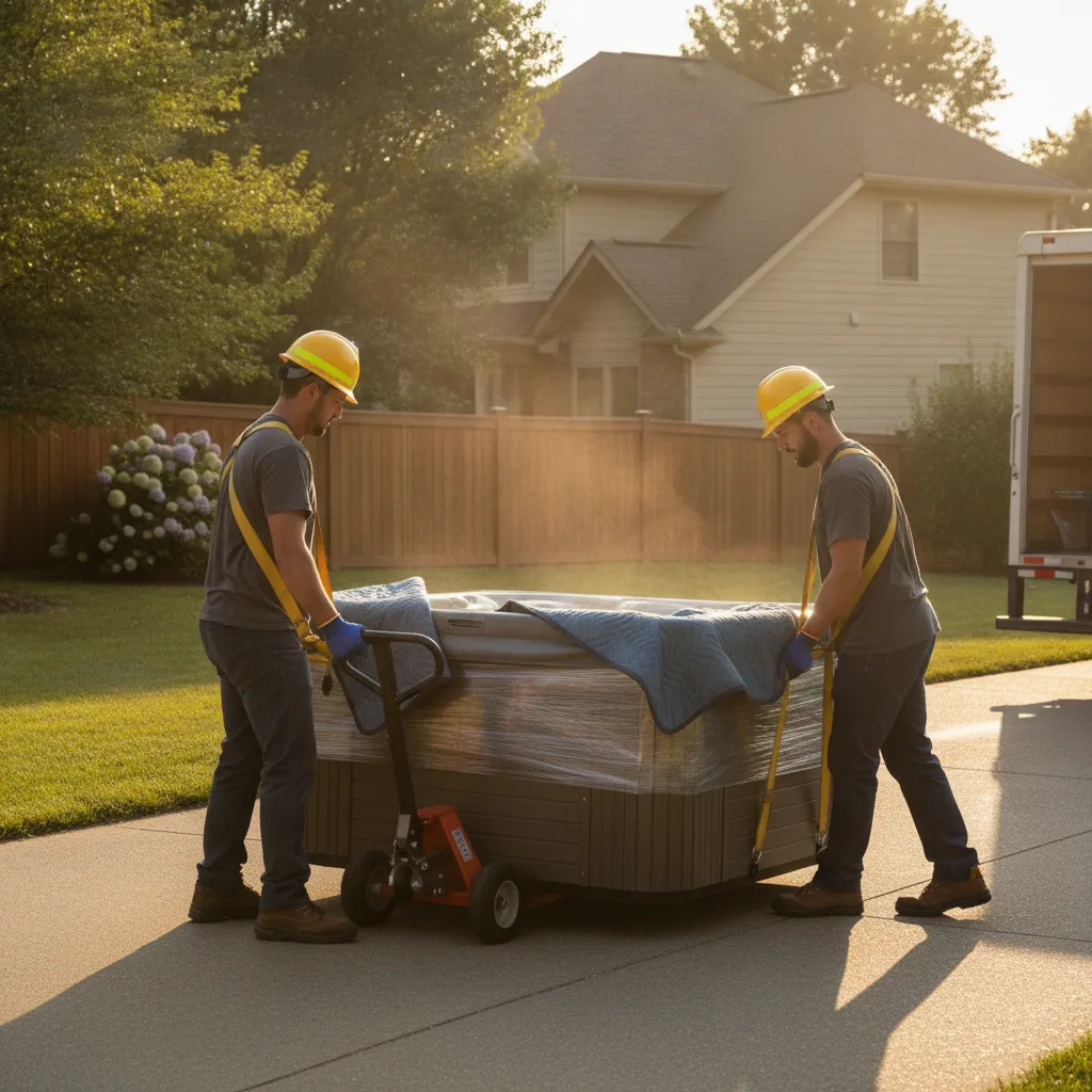 Hot tub being maneuvered safely by movers in Kingsville with lifting straps and dolly