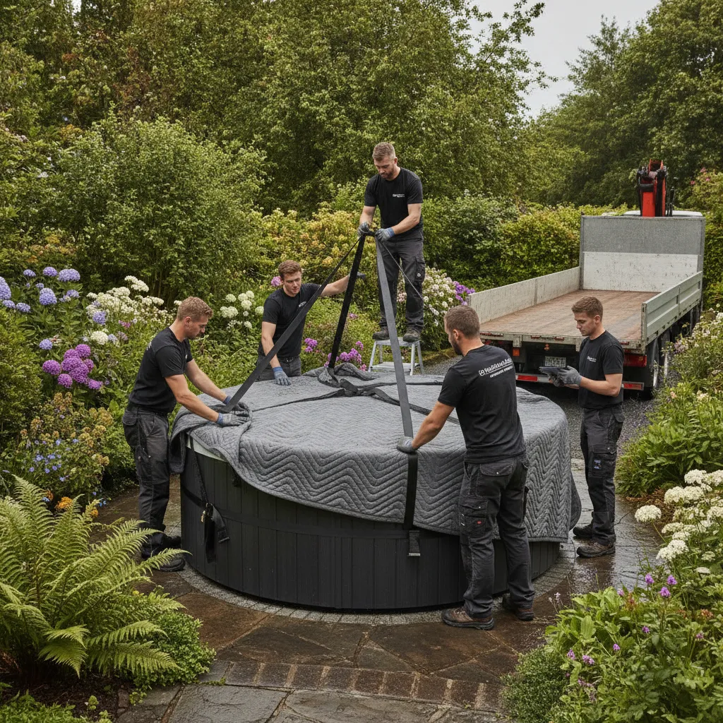 Crew rigging a hot tub with straps and blankets as part of a specialty moving quote in Essex County