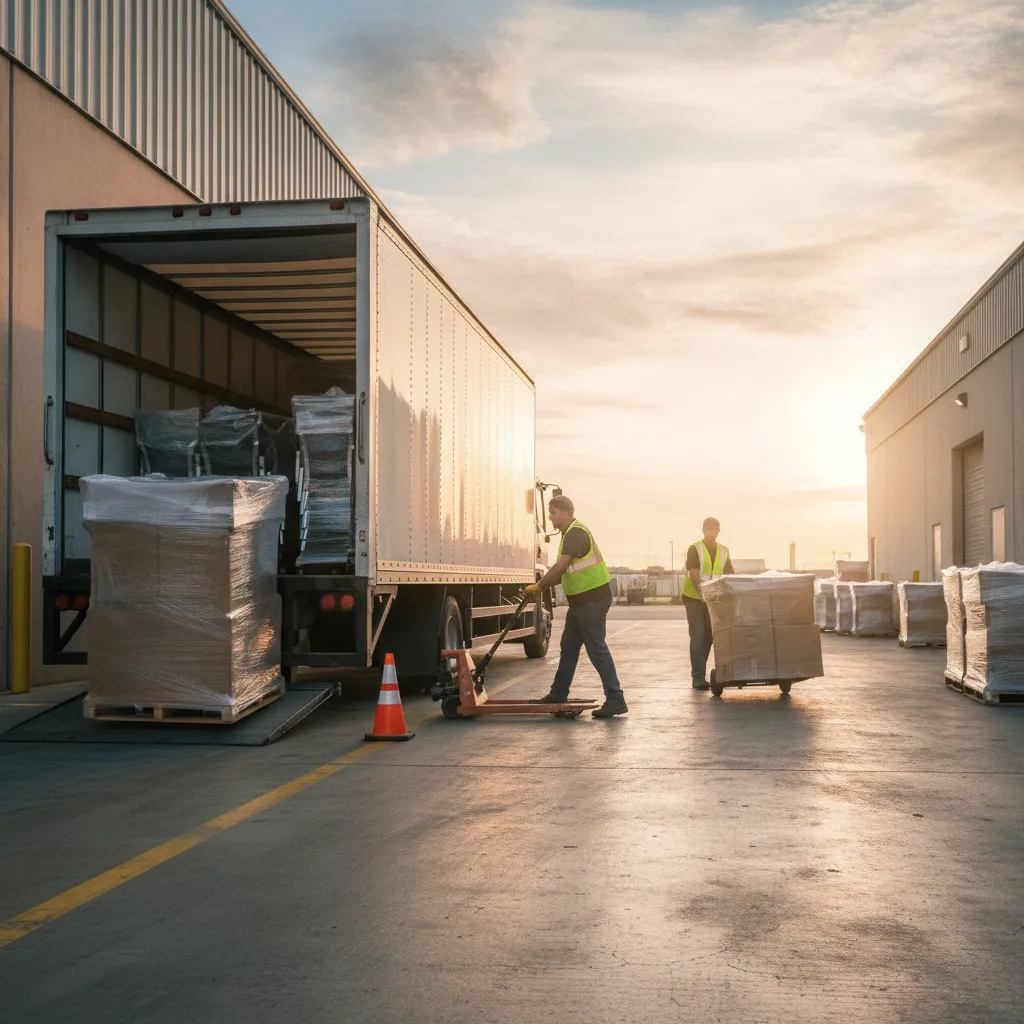 Commercial moving truck at a loading dock with liftgate, pallet jack, shrink-wrapped office chairs, and safety cones staged for an efficient unload